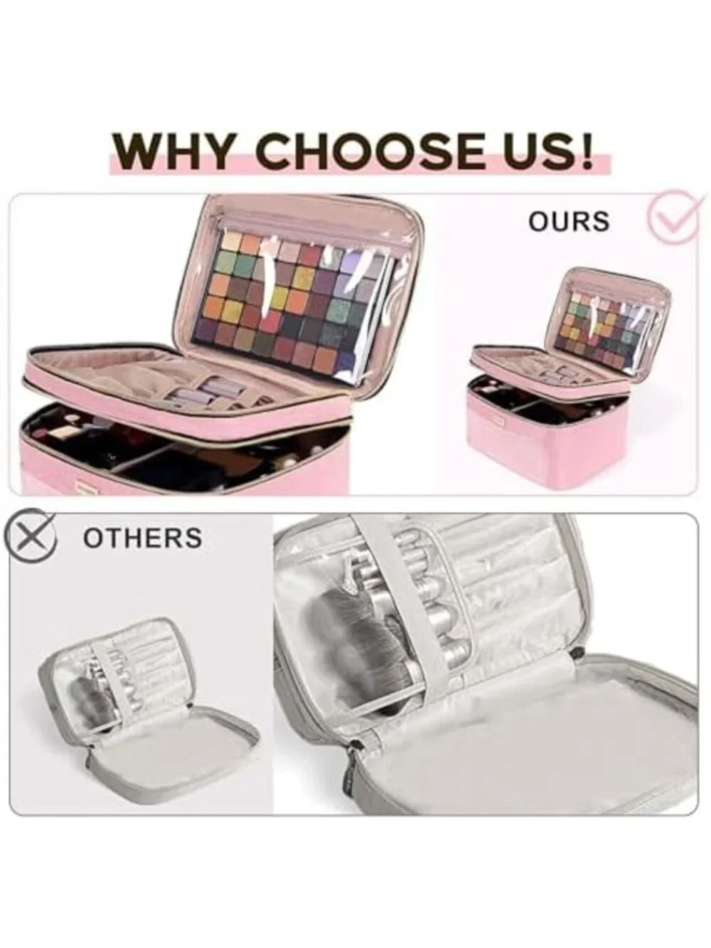 Large Double Layer Travel Makeup Bag - Portable Cosmetic Organizer with Brush